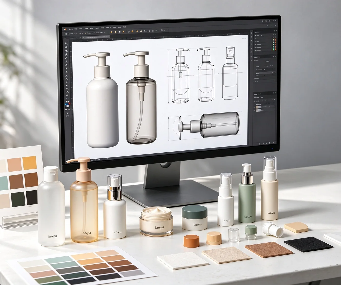 Bottle design visualization with pump bottle concepts, packaging samples and color references