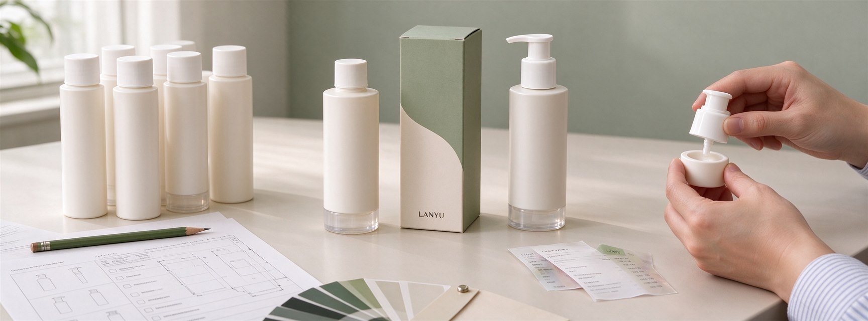 LANYU bottle and pump samples with specification drawings and material swatches