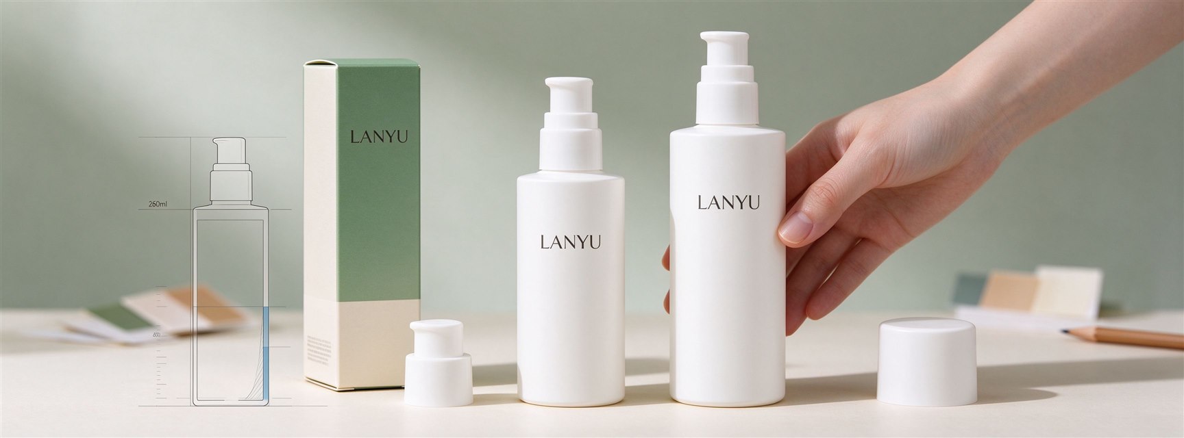 Two LANYU pump bottle sizes beside a packaging carton and bottle dimension sketch