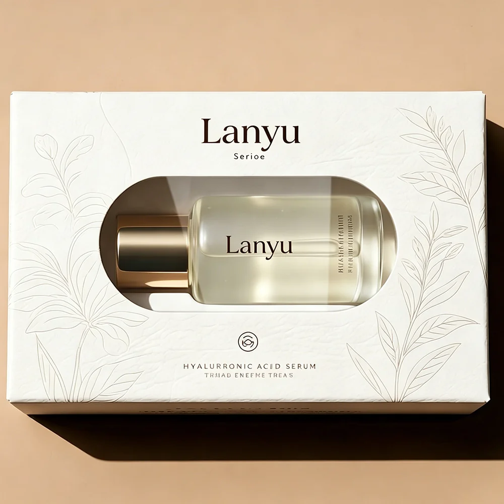 Rectangular botanical printed box with a front window showing a horizontal bottle
