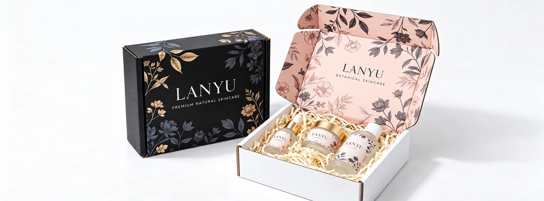 LANYU printed botanical gift boxes with a coordinated cosmetic bottle and jar set