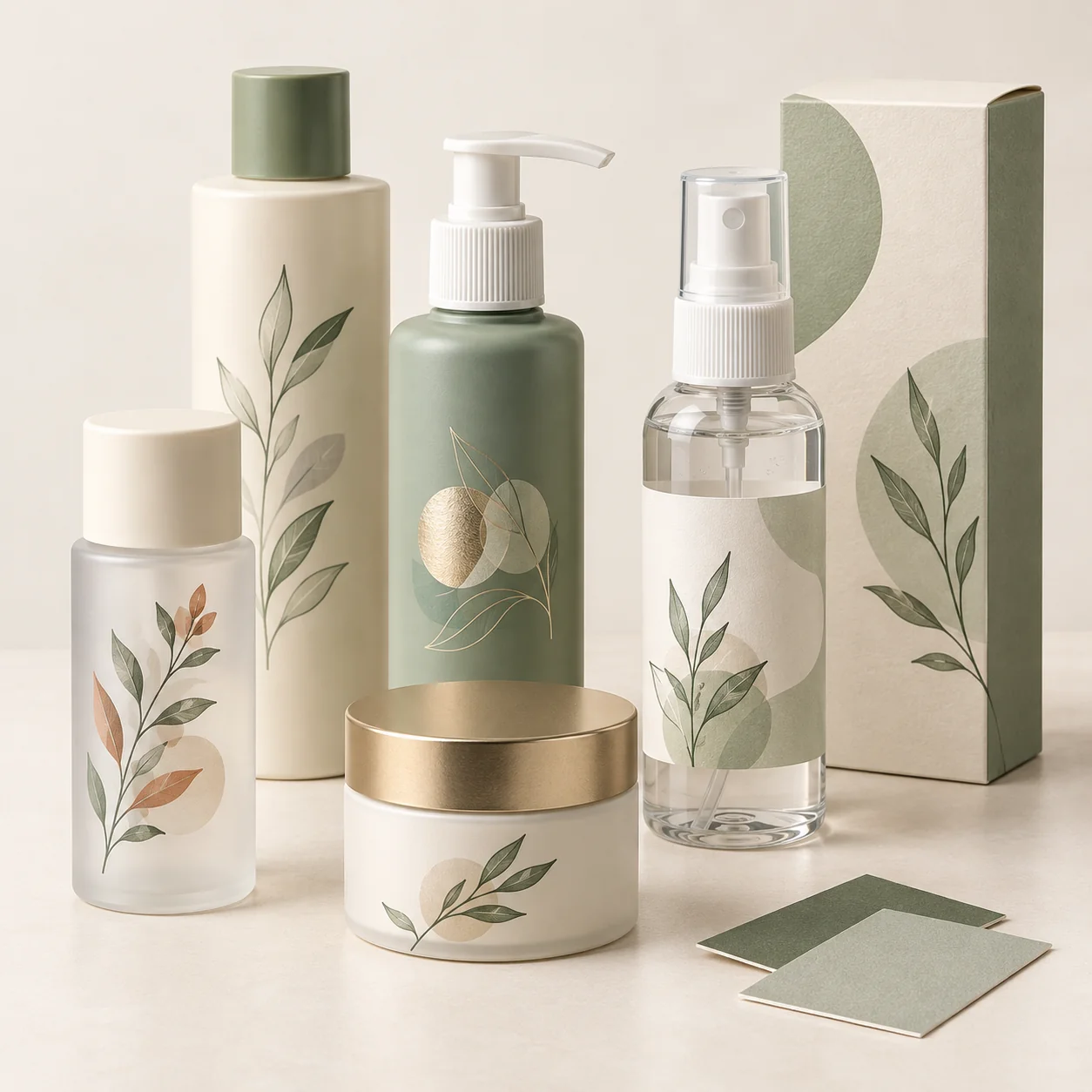 Ivory and olive bottles, pump, spray bottle and jar with botanical decoration and matching carton