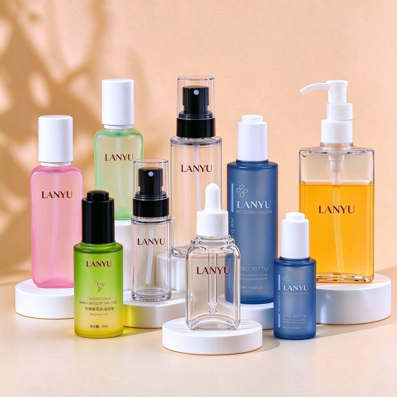 LANYU cosmetic bottle collection with colored bottles, pumps, sprayers and dropper closures