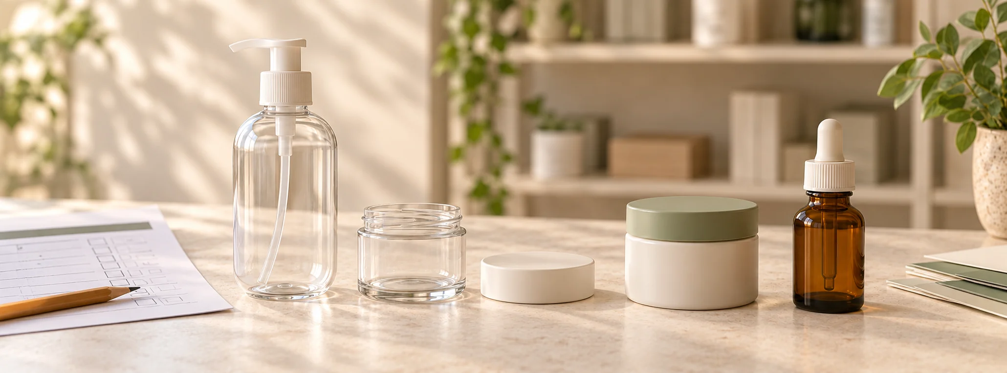 Pump bottle, cosmetic jars and amber dropper bottle with packaging selection references