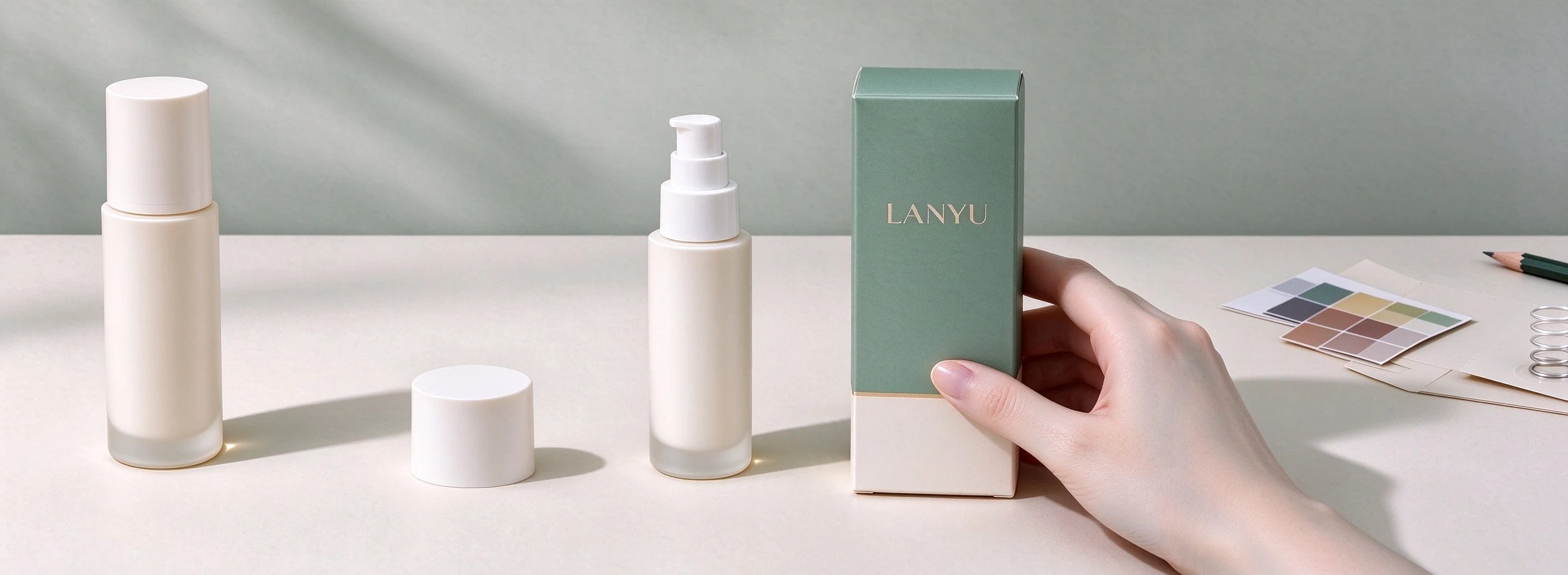 Cosmetic bottles, a pump, cap and LANYU carton alongside colour references