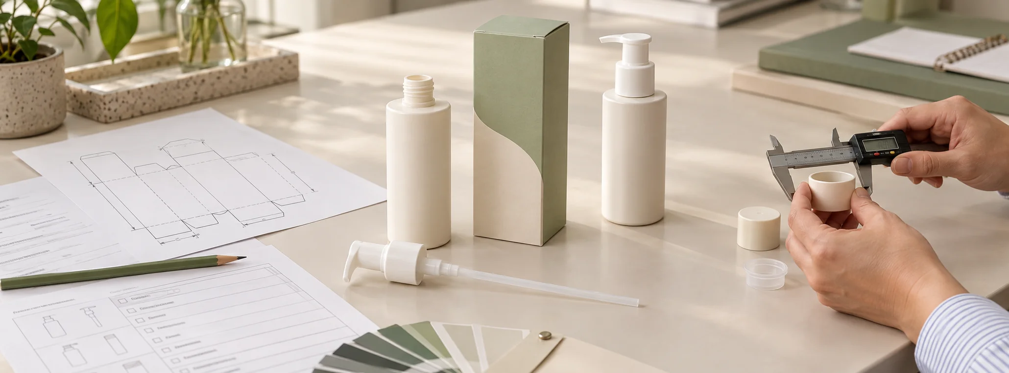 Bottle, pump and carton planning with drawings, color references and component measurements