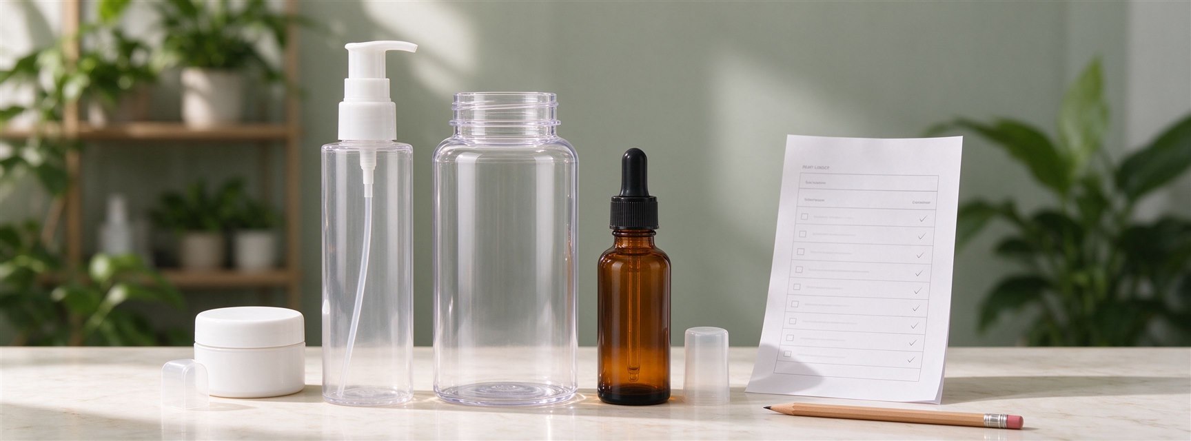 Clear pump bottle, wide-mouth jar and amber dropper bottle shown with a packaging checklist