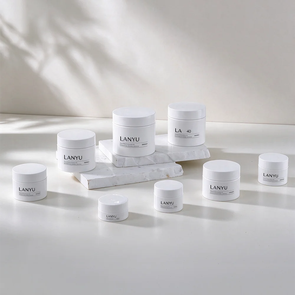 White LANYU PP cosmetic jars in the CA series
