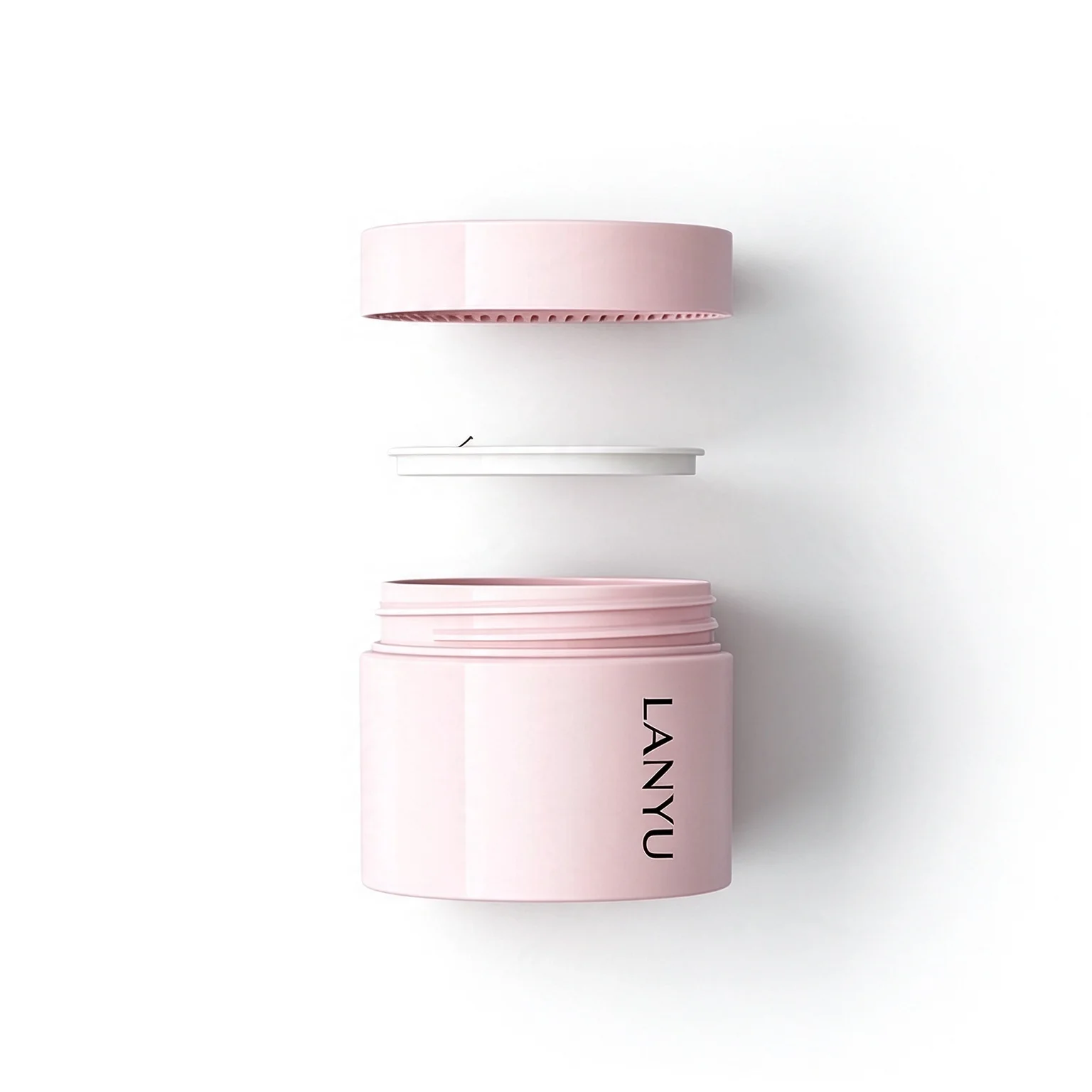 Pink LANYU jar with the lid and inner disc shown separately